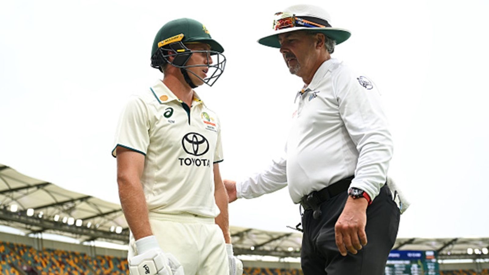 Not rain, but Australia's second innings delayed due to this reason; players told to seek shelter at The Gabba early on Day 5 Field umpire Richard Illingworth instructs Nathan McSweeney of Australia to return to the change rooms due to lightning strikes during day five of the Third Test match in the series between Australia and India at The Gabba on December 18.