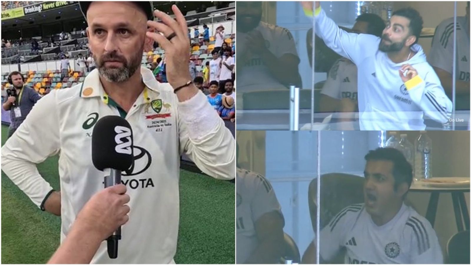 'Surprised about their reaction... we are still 185 in front': 'Frustrated' Nathan Lyon reacts to Gautam Gambhir, Virat Kohli's dressing room celebration after avoiding follow-on Nathan Lyon talks to the broadcasters; Virat Kohli and Gautam Gambhir's dressing room celebrations after India avoid follow-on on Day 4 of Gabba Test.