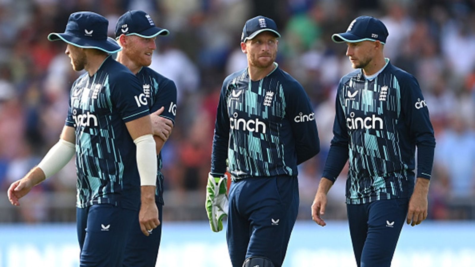 England announce squads for India tour and ICC Champions Trophy 2025, no place for Ben Stokes but Joe Root returns to ODI team England captain Jos Buttler talks with Ben Stokes and Joe Root during the 3rd Royal London Series One Day International match between England and India at Emirates Old Trafford on July 17, 2022 in Manchester, England.