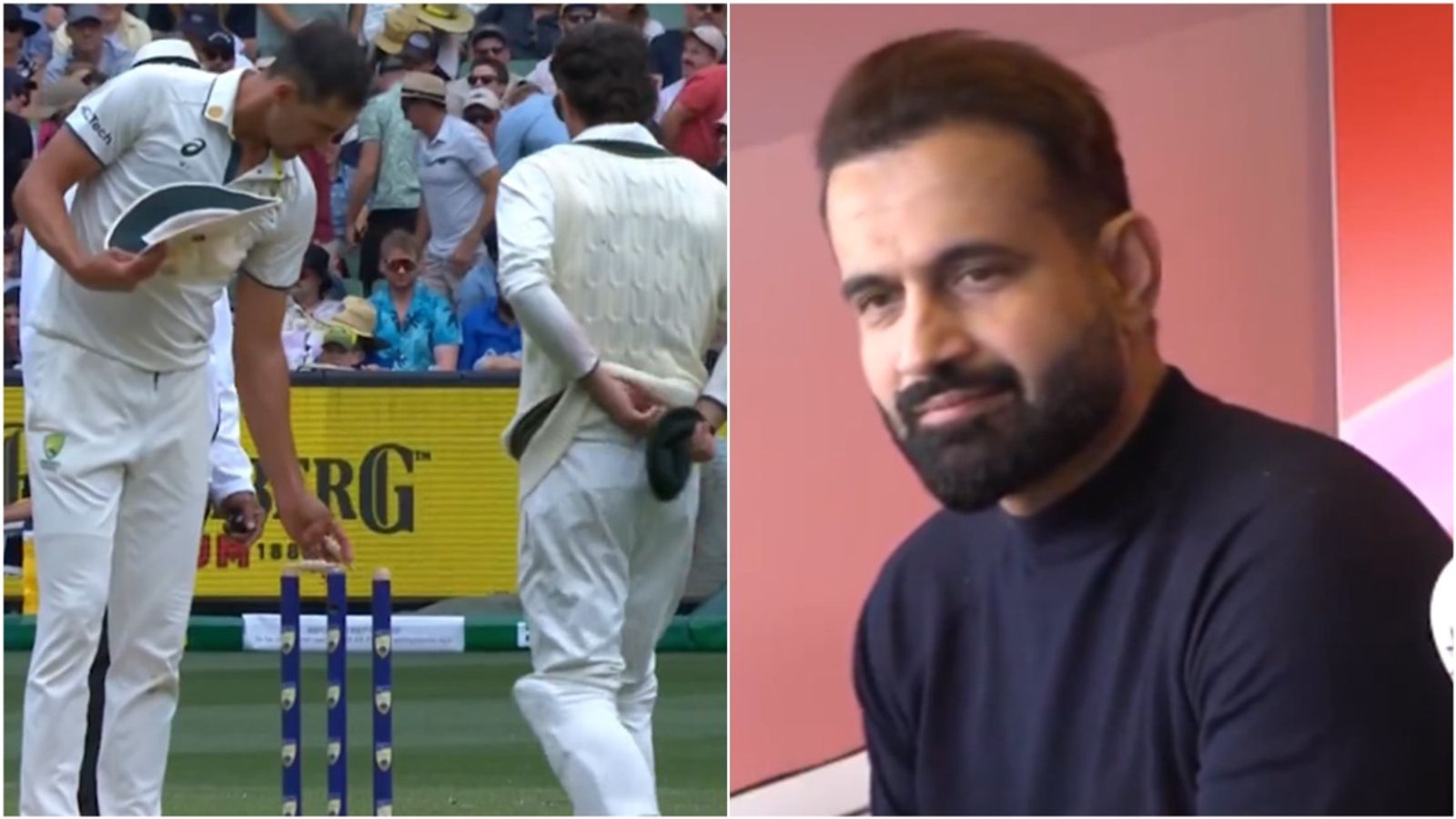 Irfan Pathan trolls Mitchell Starc for flipping bails like Mohammed Siraj but Ravindra Jadeja falls in next over; watch video Mitchell Starc flipping the bails; Irfan Pathan in the commentary box on Day 3 of MCG Test.