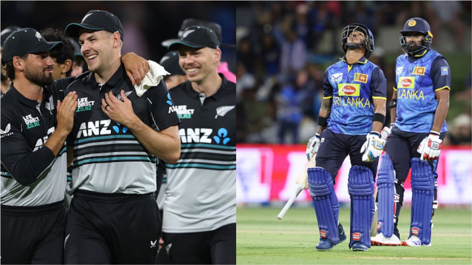 NZ vs SL: Sri Lanka lose 8 wickets in a span of 37 runs in epic batting collapse as Jacob Duffy helps New Zealand pull off dramatic win in 1st T20I From Left: New Zealand's Jacob Duffy celebrates with his teammates while Sri Lanka's Pathaum Nissanka and Bhanuka Rajapaksa look on in this frame