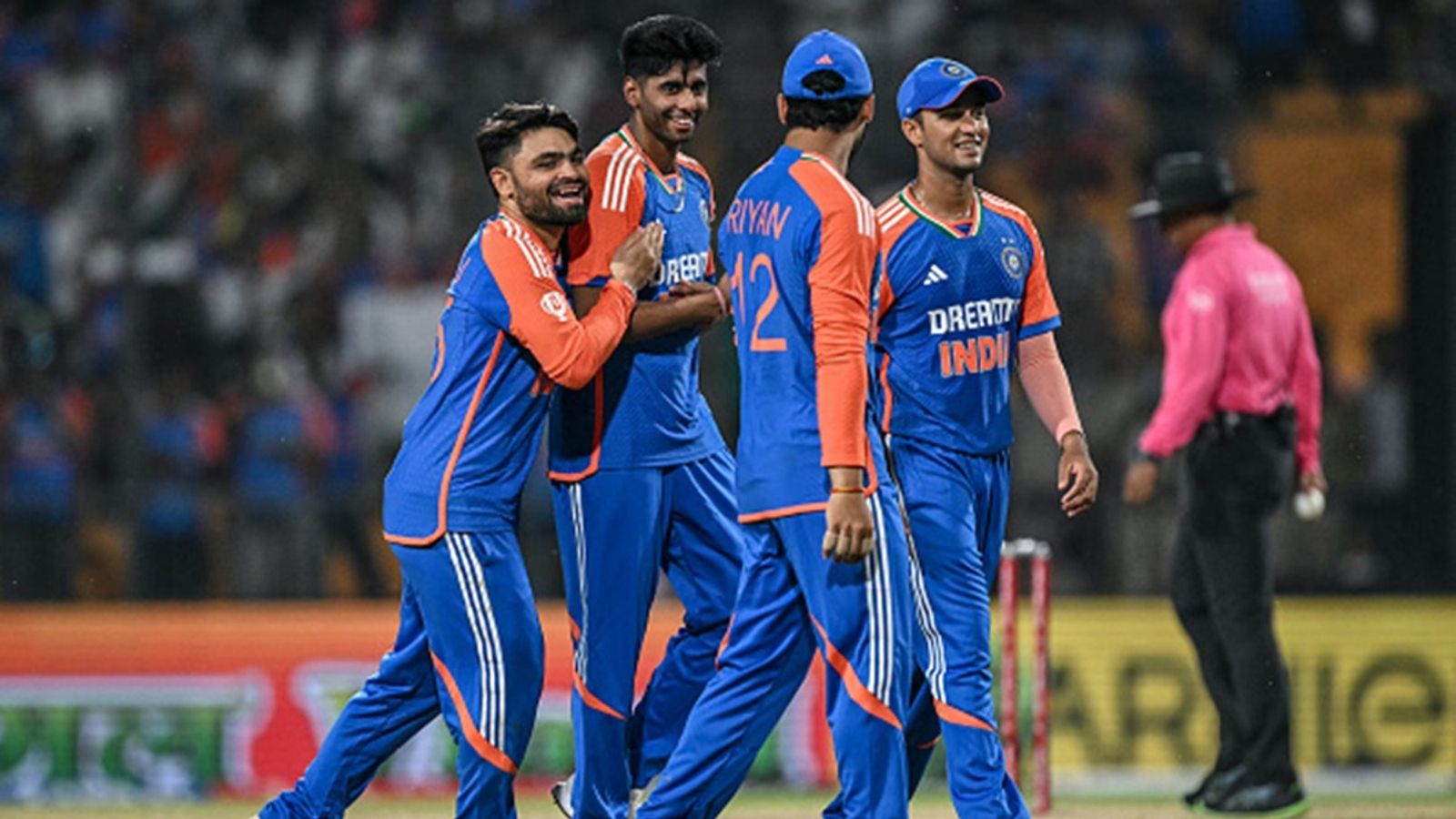 Huge blow to India ahead of T20I series against England, star pacer unlikely to make the squad due to back injury India's Mayank Yadav (2L) celebrates with teammates after taking the wicket of Bangladesh's Mahmudullah during the first T20I between India and Bangladesh at the Shrimant Madhavrao Scindia Cricket Stadium in Gwalior on October 6, 2024.