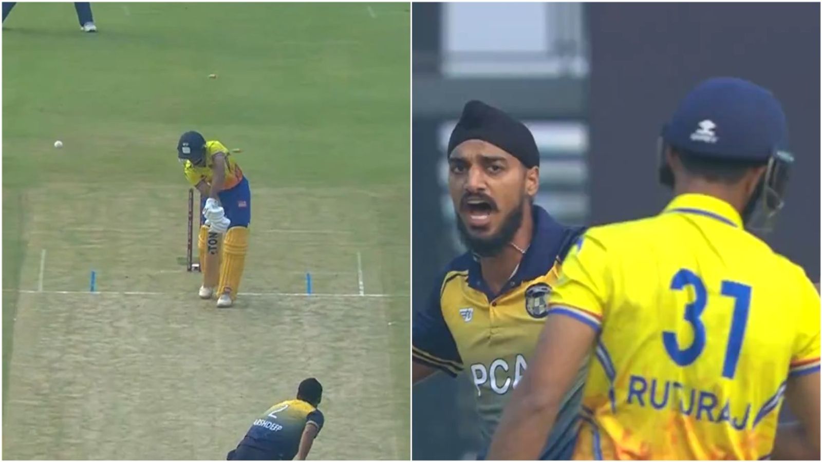 WATCH: Arshdeep Singh leaves Ruturaj Gaikwad clueless with excellent outswinger to knock his off stump in Vijay Hazare Trophy knockouts Arshdeep Singh celebrates after dismissing Ruturaj Gaikwad.
