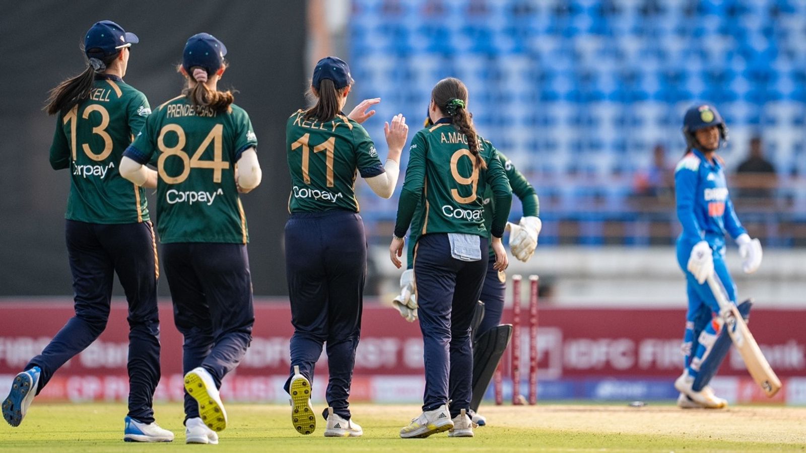 Ireland bowler who took 3 wickets vs India reported for suspect bowling action, dropped from playing XI Aimee Maguire celebrates a wicket with her teammates in the first ODI against India in Rajkot.