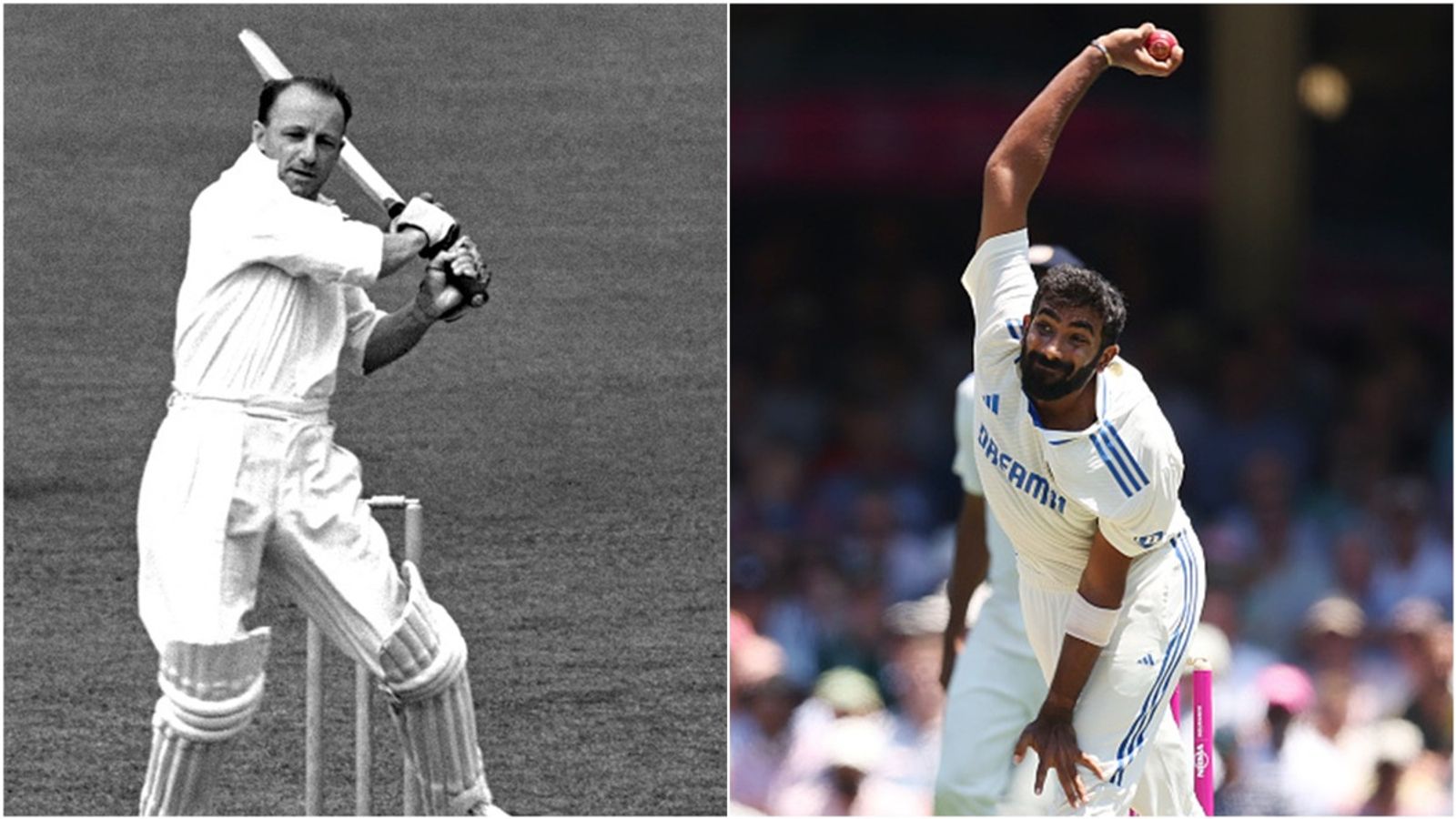 'He would've ripped on Bradman's peak in the matter of balls': Adam Gilchrist feels Sir Don wouldn't average 99.94 in Jasprit Bumrah's presence Don Bradman plays a pull shot; Jasprit Bumrah bowls during Border-Gavaskar Trophy 2024-25.