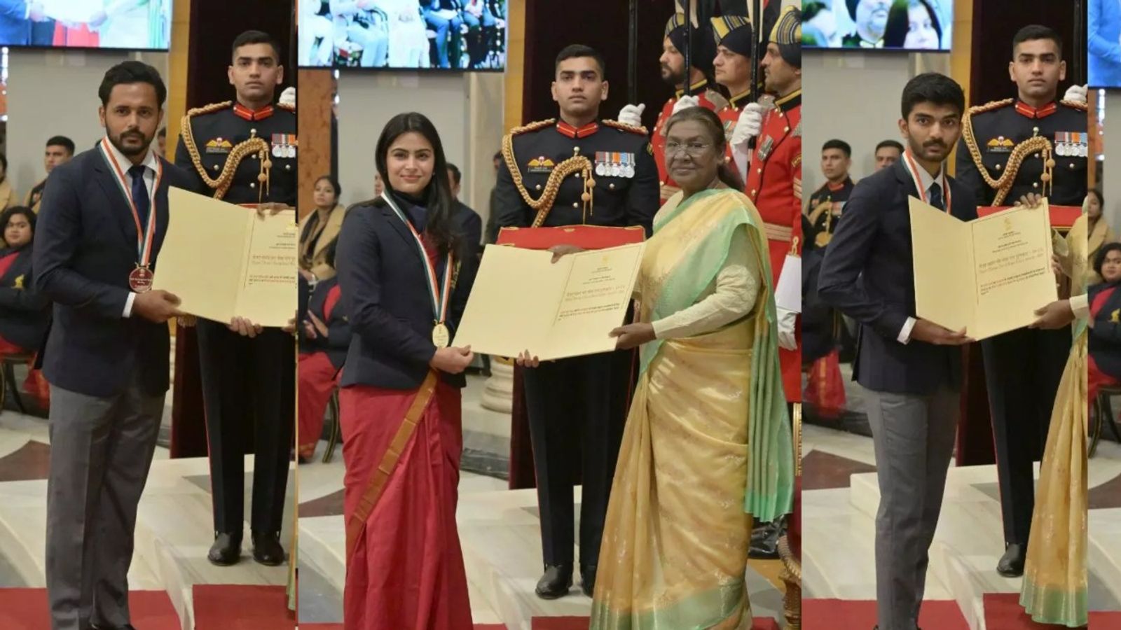 Manu Bhaker, D Gukesh, Harmanpreet Singh, Praveen Kumar conferred with prestigious Khel Ratna award D Gukesh, Manu Bhaker, Harmanpreet Singh along with President of India, Draupadi Murmu