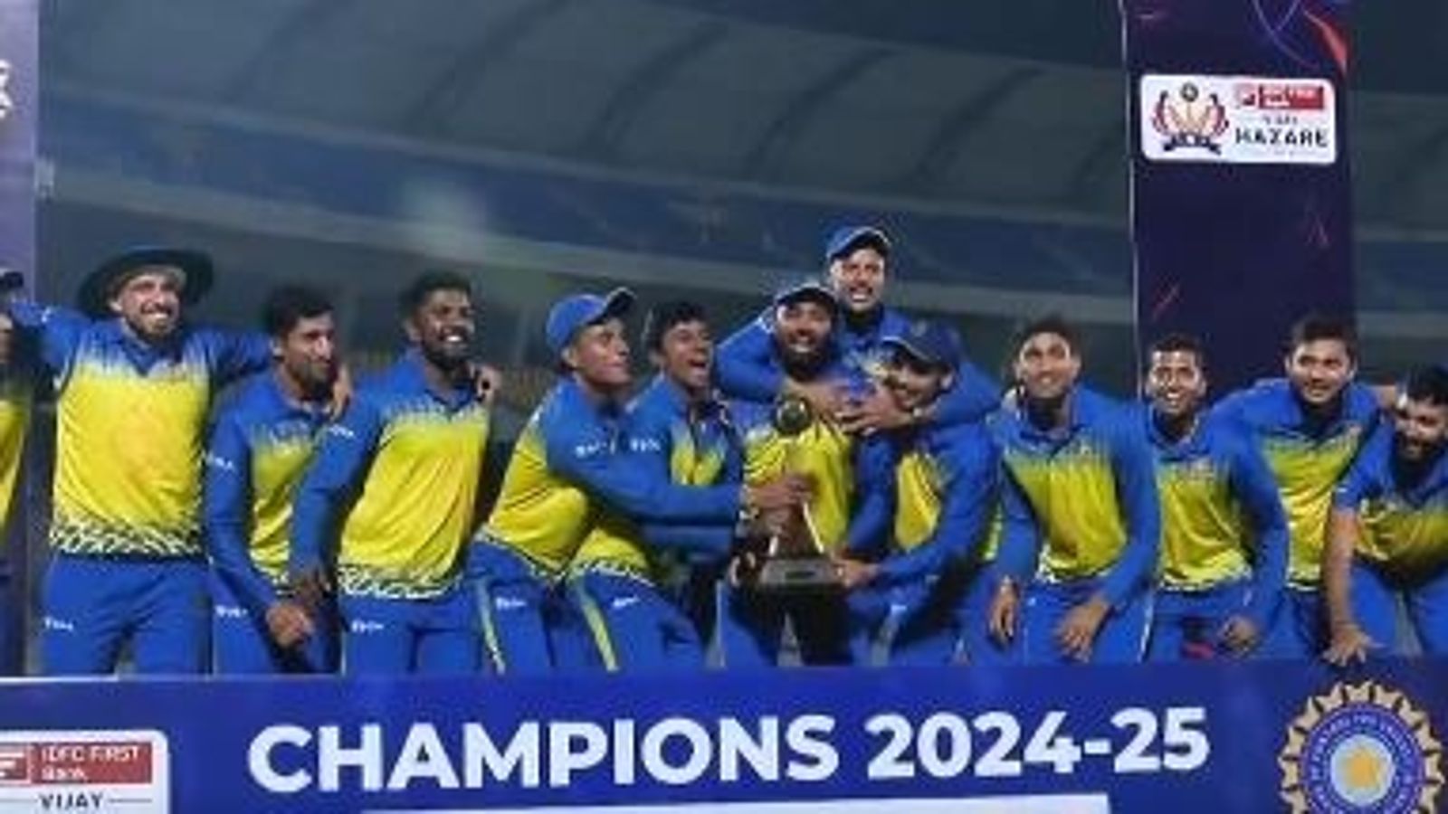 Karnataka become Vijay Hazare Trophy champions for record 5th time after toppling Karun Nair's Vidarbha by 36 runs in thrilling final Karnataka players celebrate after winning Vijay Hazare Trophy 2024-2025 title