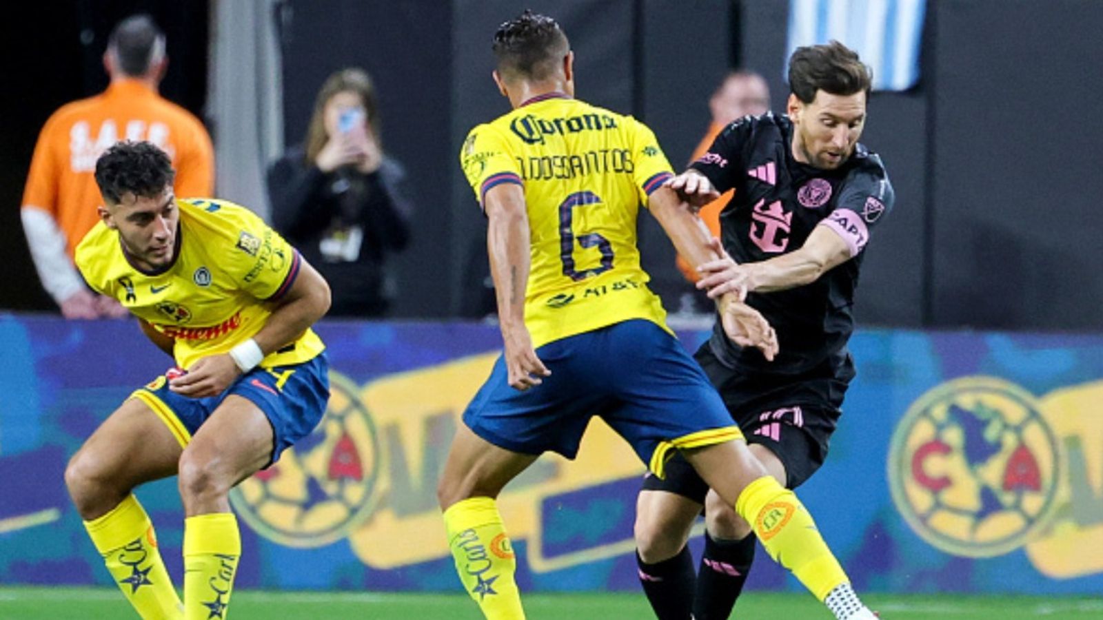 Lionel Messi scores as Inter Miami triumphs over Club America in preseason opener Lionel Messi, Sebastian Caceres and Jonathan dos Santos in the frame