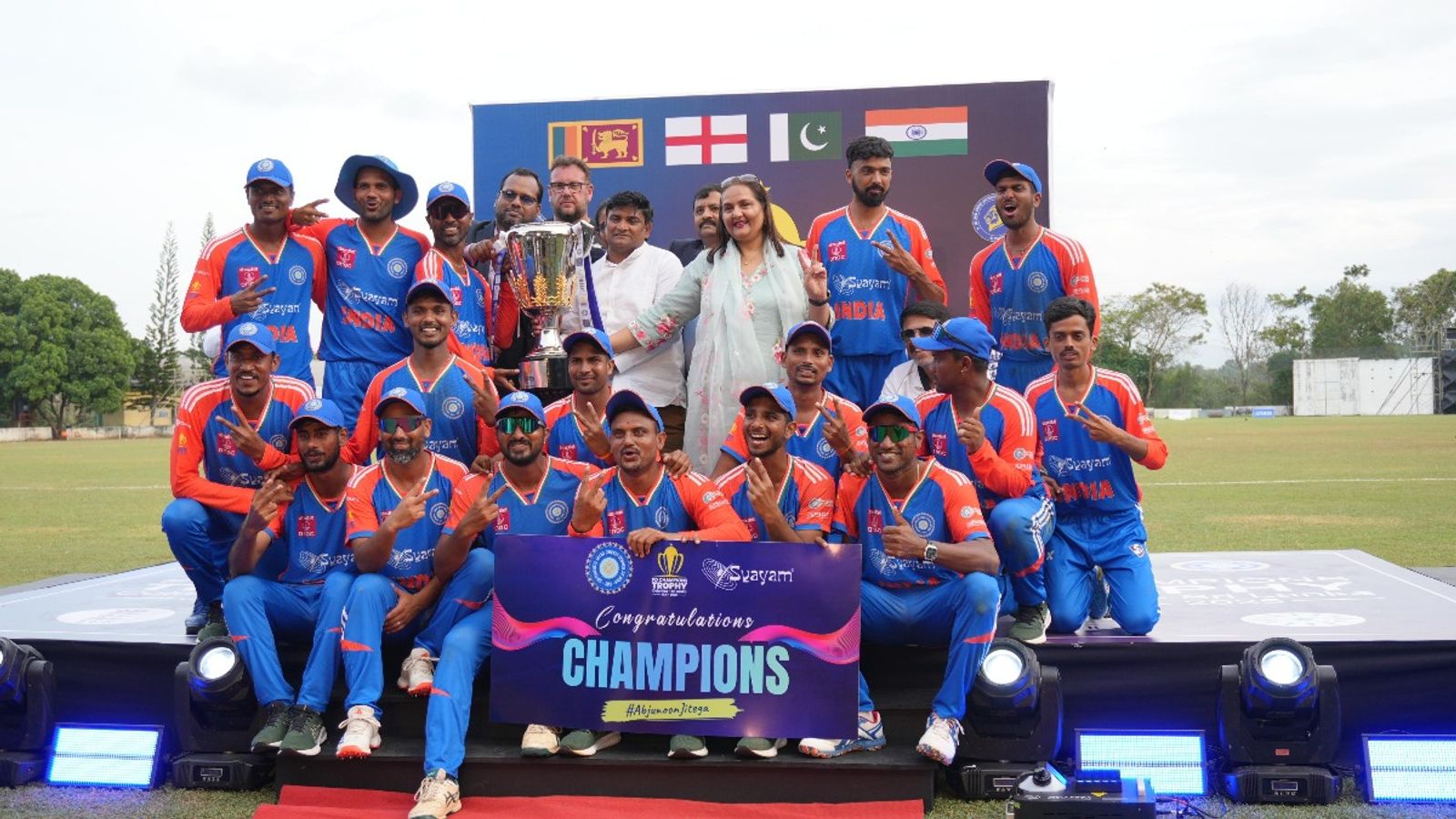 India thrash England to clinch PD Champions Trophy title riding on Yogendra Bhadoria's fifty and Radhika Prasad's four-fer Indian PD team pose with Champions Trophy after defeating England in final