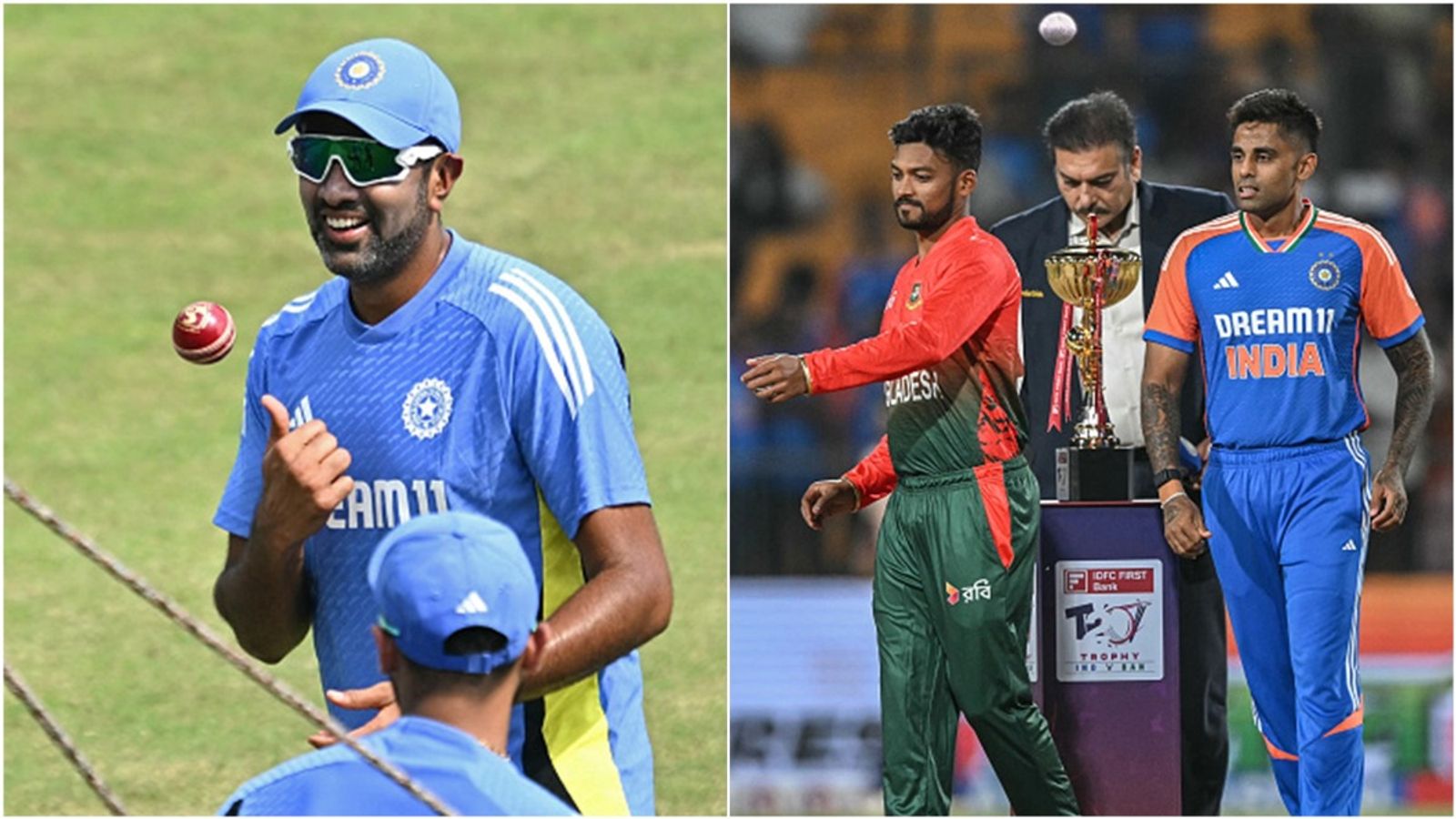 'Bangladesh was a weak team... that series was a mismatch': R Ashwin feels India haven't been tested since T20 World Cup 2024 triumph, excited for 'Bazball vs Skyball' R Ashwin during a practice session; Bangladesh captain Najmul Hossain Shanto with Indian skipper Suryakumar Yadav.
