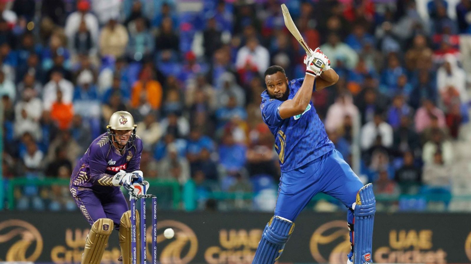 ILT20: Kieron Pollard finds no support during unbeaten 69 as MI suffer 42-run defeat against Knight Riders after early batting collapse MI Emirates' Kieron Pollard plays a shot against Abu Dhabi Knight Riders on January 24.