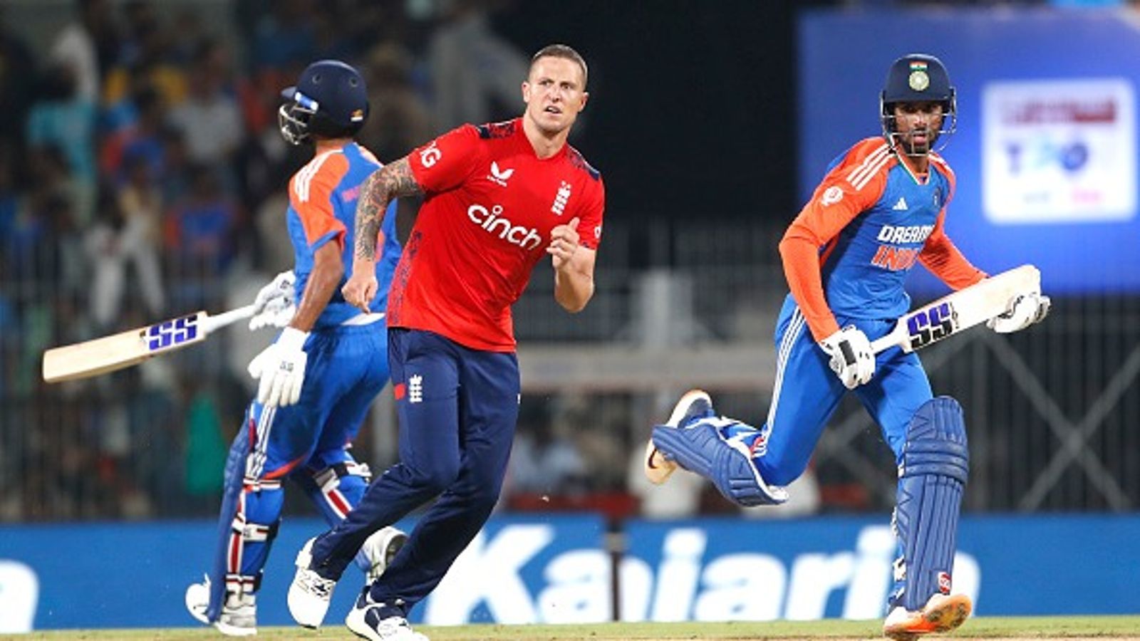 IND vs ENG: Tilak Varma's counter-attacking 72 helps India sail through thrilling chase against England in 2nd T20I to lead series 2-0 England's Brydon Cares (L) and India's Tilak Varma in this frame