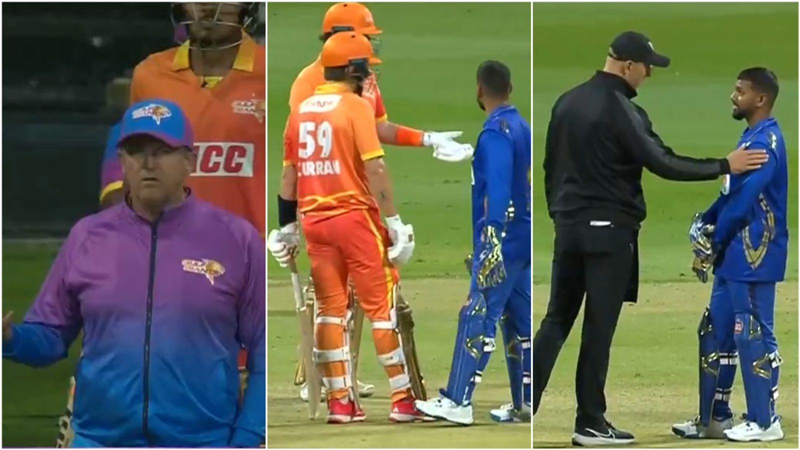 Tom Curran called back to bat after given 'run out' by 3rd umpire as RCB coach shows dissent; Nicholas Pooran's MI loses after spirit of game display Nicholas Pooran having a chat with Tom Curran, Mark Adair and umpire; Andy Flower showing dissent on the boundary.