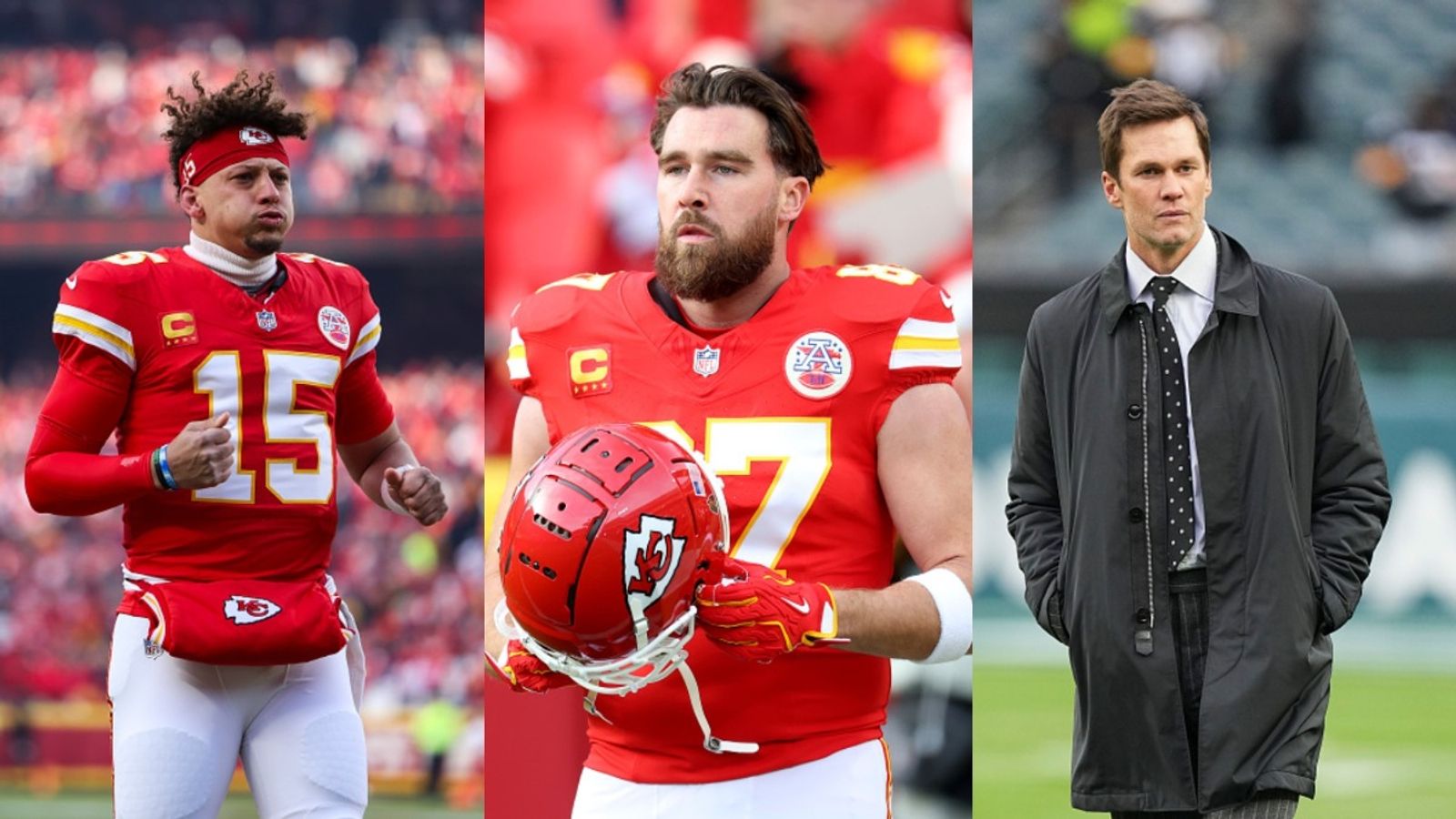 Travis Kelce weighs in on the Patrick Mahomes vs. Tom Brady GOAT QB debate Travis Kelce, Patrick Mahomes, and Tom Brady in the frame (via Getty)