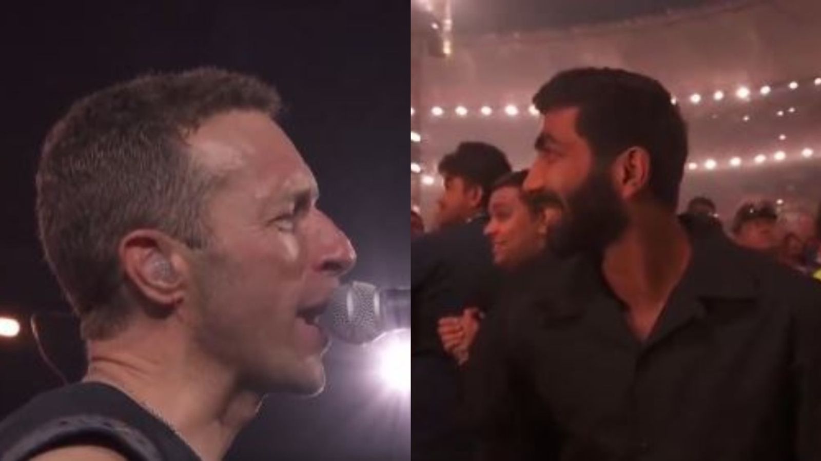 Chris Martin dedicates special song to Jasprit Bumrah during superstar pacer's surprise appearance in Coldplay concert, Watch video Coldplay's front man Chris Martin (L) and India's superstar pacer Jasprit Bumrah in frame