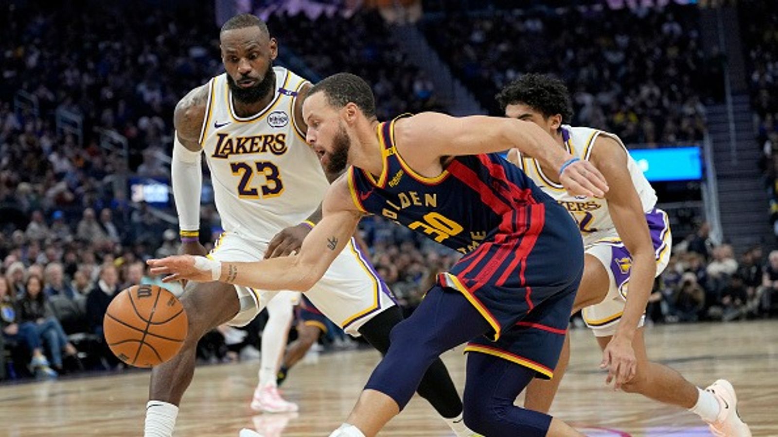 LeBron James Lets Slip Lakers' Humorous Approach to Guarding Warriors' Stephen Curry, 'It's Steph man' LeBron James and Stephen Curry in the frame.