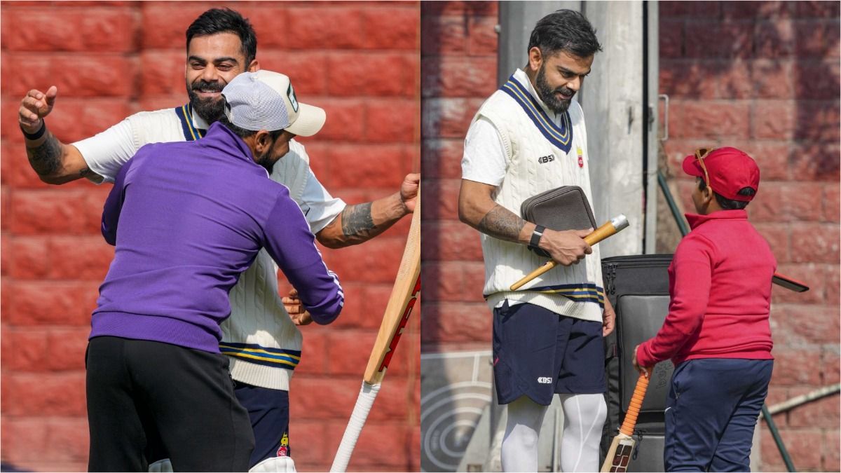 Virat Kohli halts training to meet childhood friend and his son during Ranji Trophy practice in Delhi Virat Kohli halts training to meet childhood friend and his son during Ranji Trophy practice in Delhi