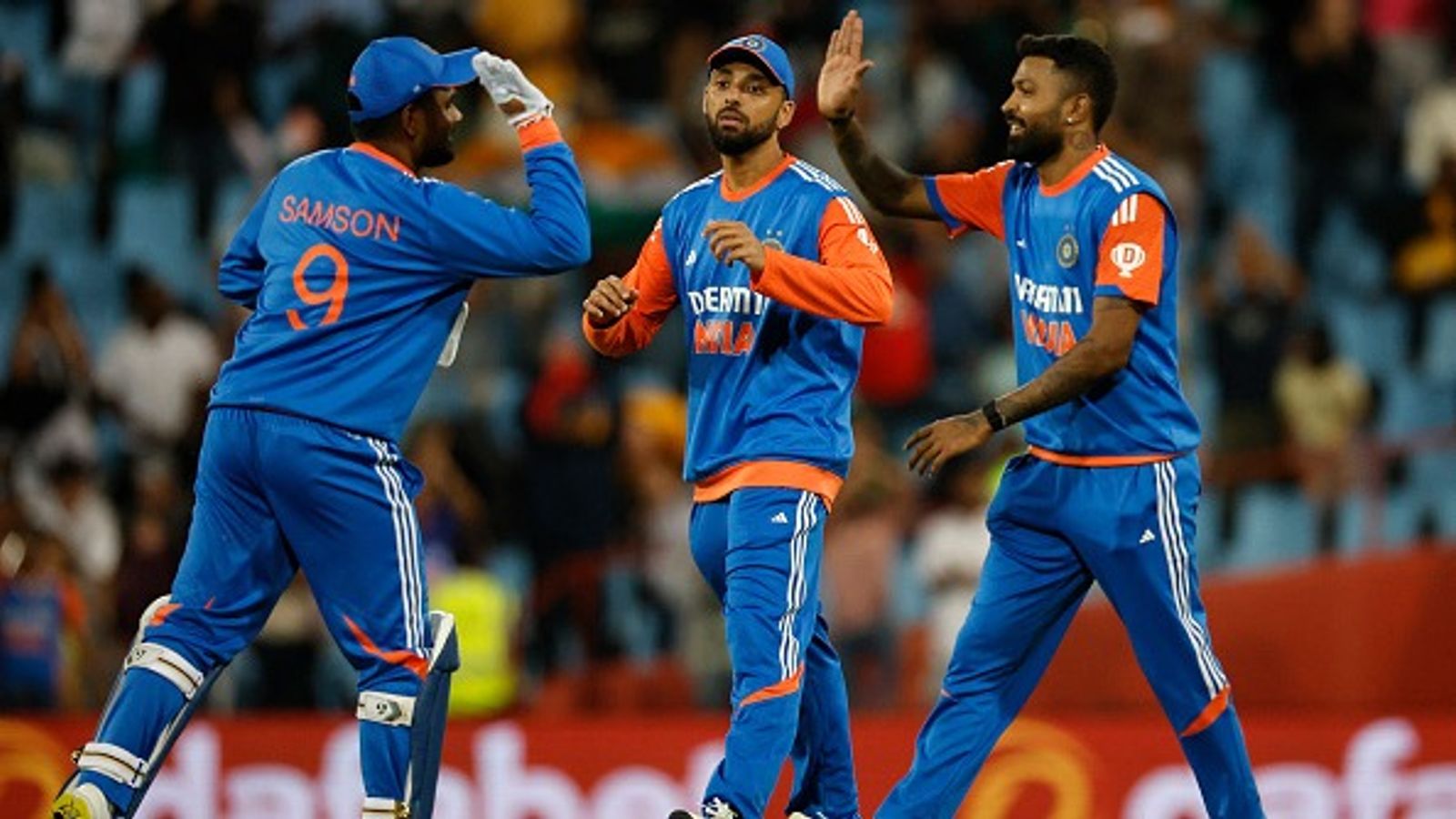 Big blow to India ahead of Champions Trophy, star player set to stay out of action for over a month after fracturing finger India's Sanju Samson (L) Varun Chakravarthy (C) and Hardik Pandya in frame