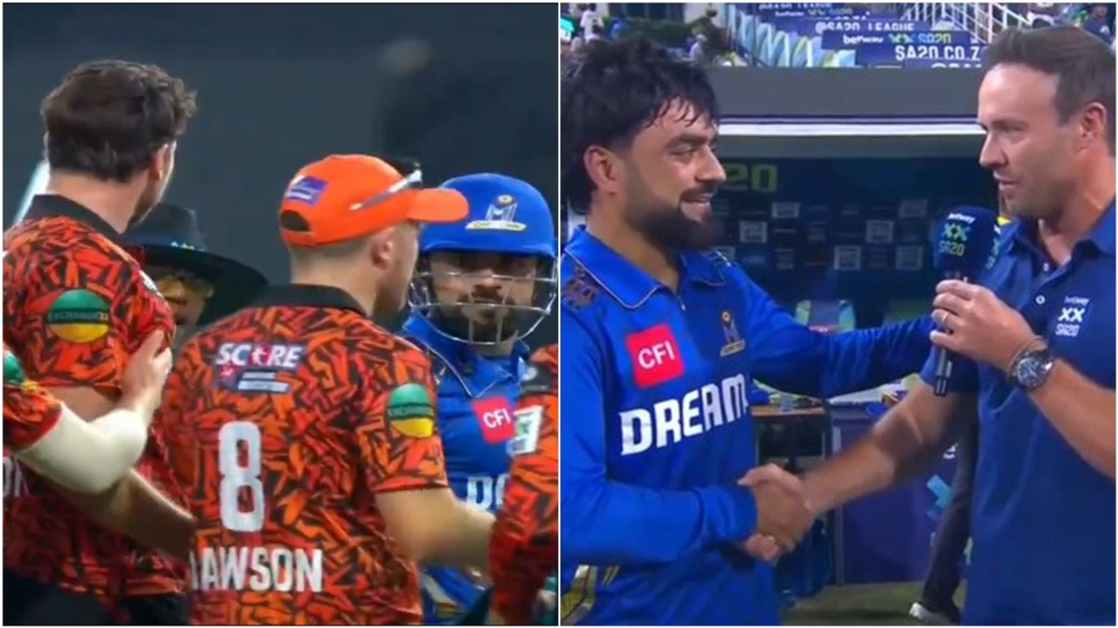 'Something not too good to be told here. It pumped me': Rashid Khan's admission to AB de Villiers on verbal spat from England pacer in SA20 final Rashid Khan and Richard Gleeson in a heated exchange; AB de Villiers with MI Cape Town captain after SA20 final win.