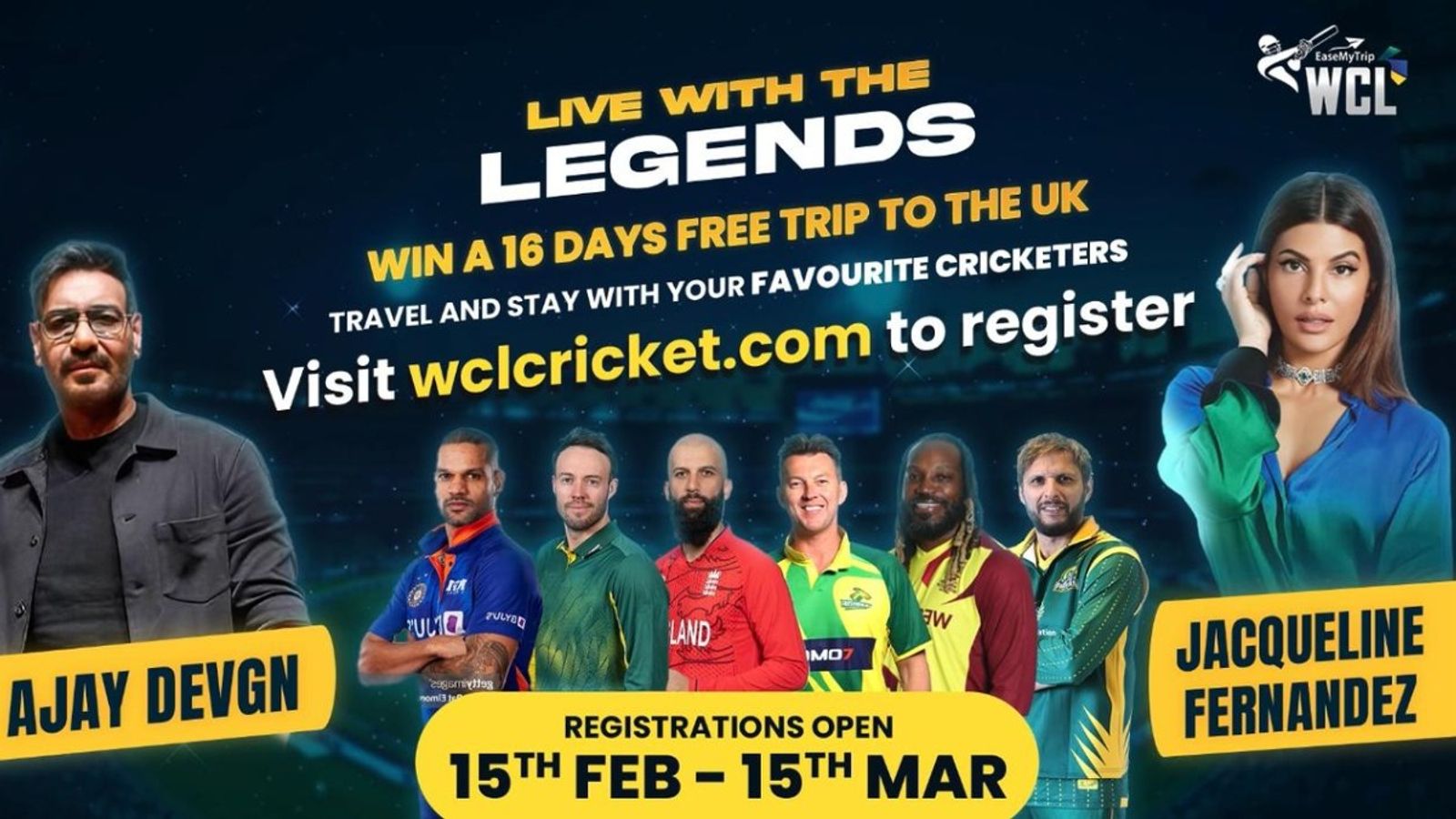 WCL Opens Registrations for Live With The Legends, Offering Fans a Chance to Stay with Cricket Icons like Yuvraj Singh, Shikhar Dhawan, AB De Villiers & Many more WCL Opens Registrations for Live With The Legends, Offering Fans a Chance to Stay with Cricket Icons like Yuvraj Singh, Shikhar Dhawan, AB De Villiers & Many more
