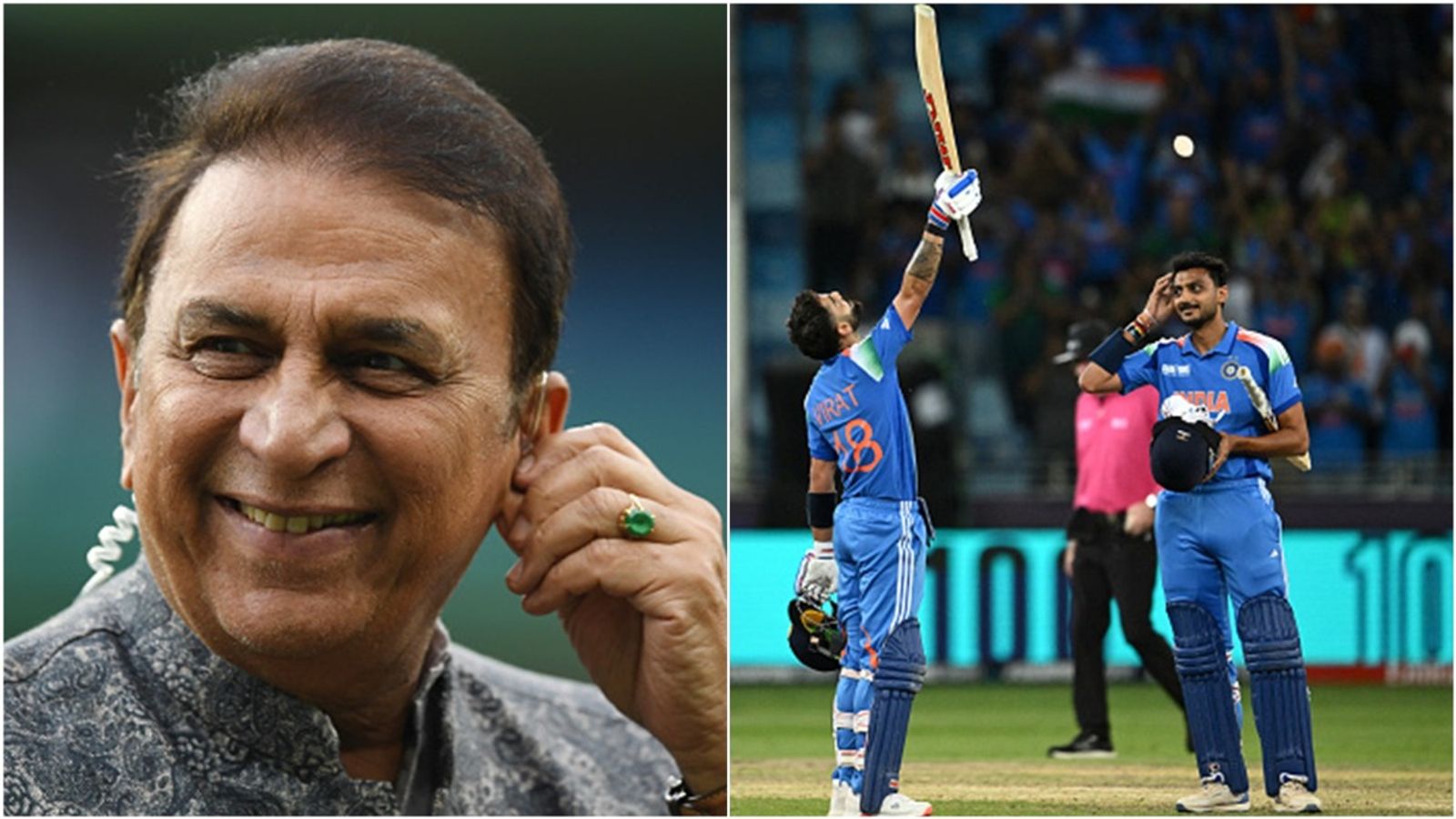 'Axar Patel realised if he hits a boundary, he would never be forgiven': Sunil Gavaskar lauds all-rounder for not leaving Virat Kohli stranded in 90s Legendary cricketer Sunil Gavaskar; Virat Kohli celebrates his century while Axar Patel applauds.