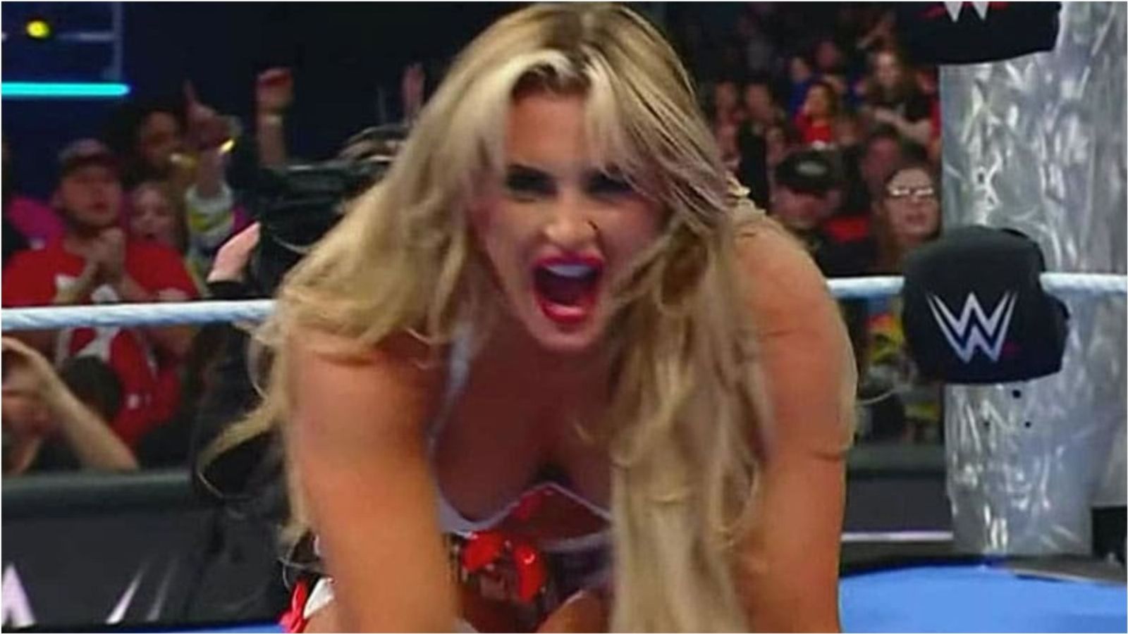Women Wrestler's Wardrobe Malfunction forces WWE to cut live TV broadcast to black screen Tiffany Stratton in the frame