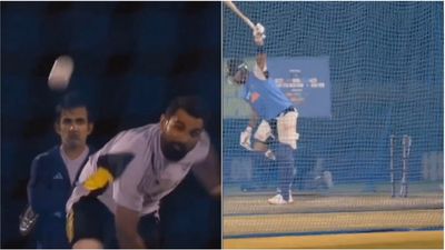 Mohammed Shami knocks over Virat Kohli's middle stump during net session ahead of New Zealand clash; watch viral video Gautam Gambhir, Mohammed Shami, Virat Kohli