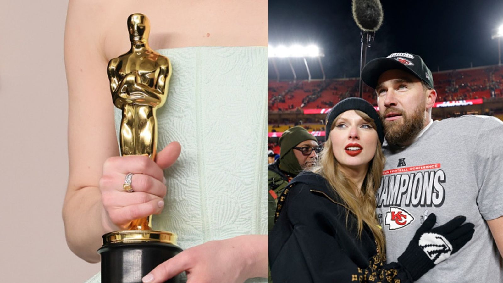 Will Taylor Swift and Travis Kelce debut on the red carpet at 2025 Oscars? know here Taylor Swift, Travis Kelce and Oscar Trophy in the frame