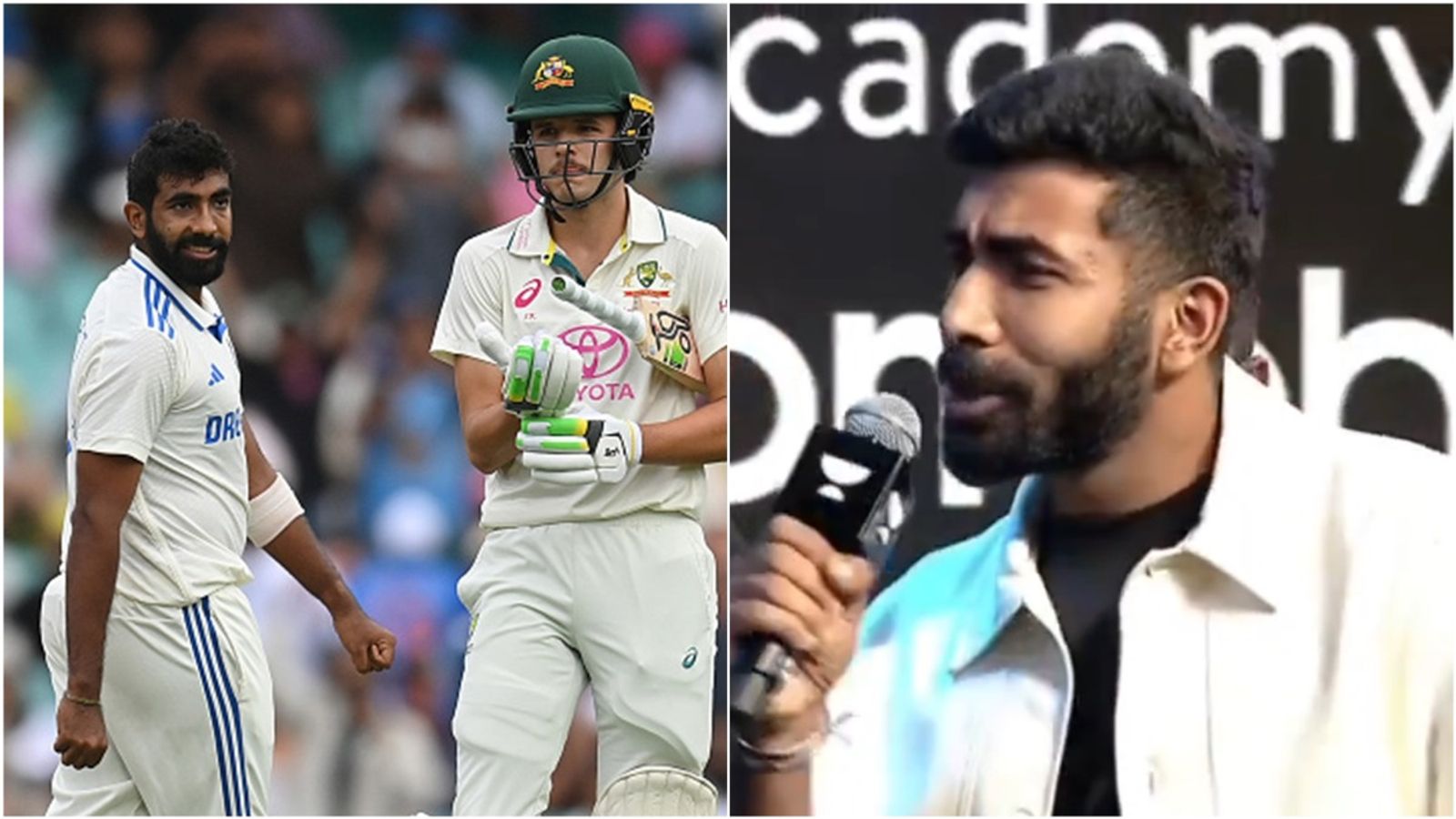 'Mummy theek hai?': Jasprit Bumrah's hilarious take on what he said to Sam Konstas during intense Border-Gavaskar Trophy clash Jasprit Bumrah and Sam Konstas during Border-Gavaskar Trophy 2024-25; Bumrah speaking at a promotional event.