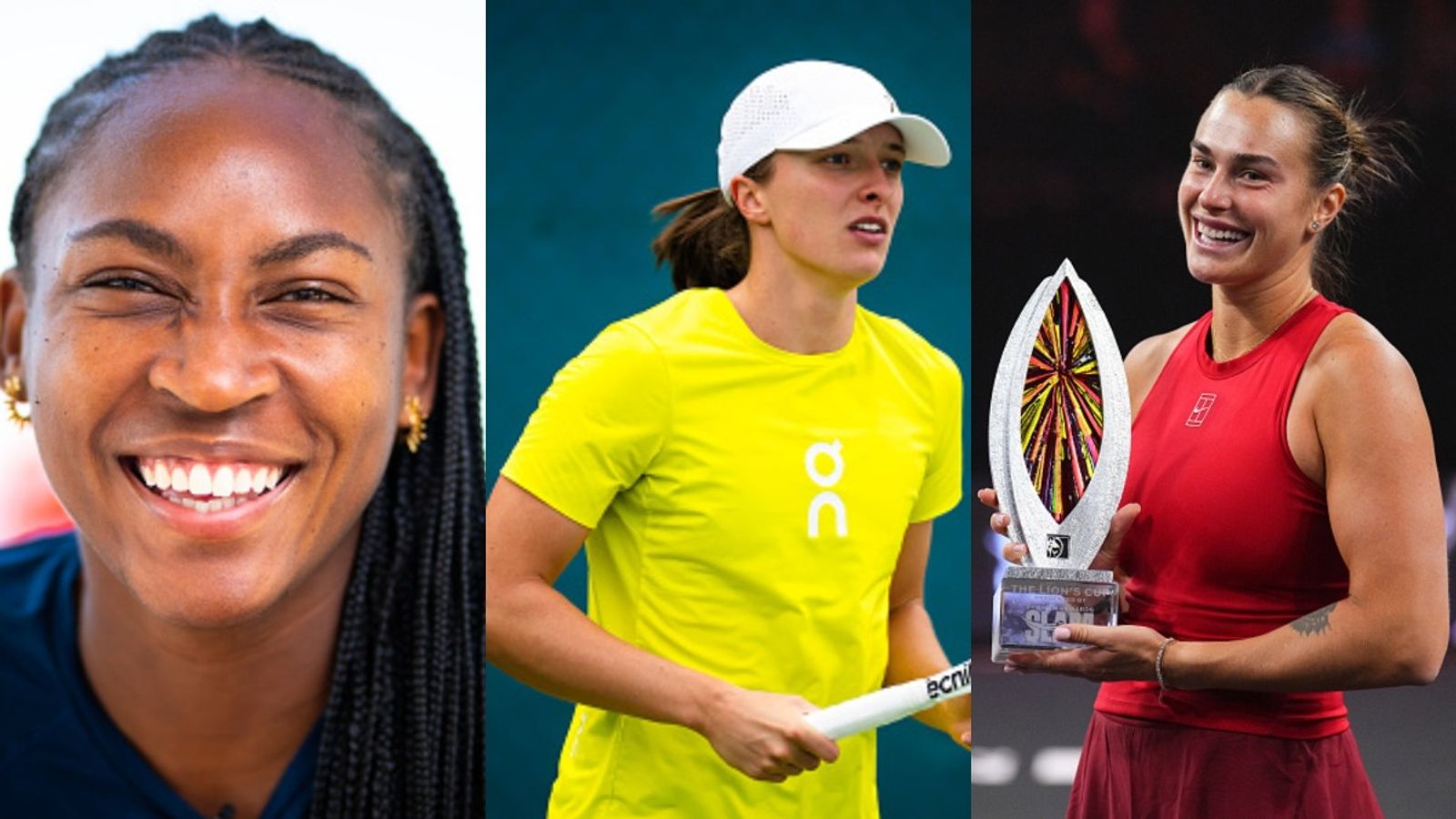 Coco Gauff breathes easy after thrilling showdowns against Aryna Sabalenka, Iga Swiatek, and tennis titans Coco Gauff, Iga Swiatek and Aryna Sabalenka in the frame (via Getty)