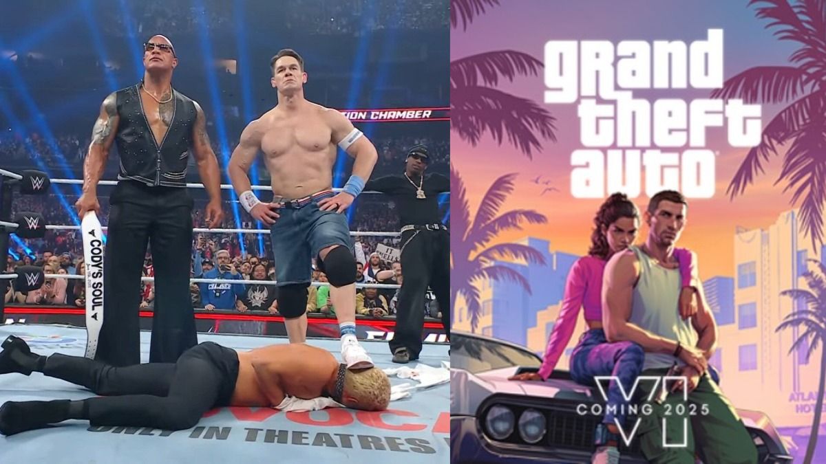 WWE Legend John Cena joins Fans conversation, posts GTA 6 meme after historic heel turn at Elimination Chamber 2025 John Cena, Rock and Cody Rhodes during Elimination Chamber 2025 in the frame