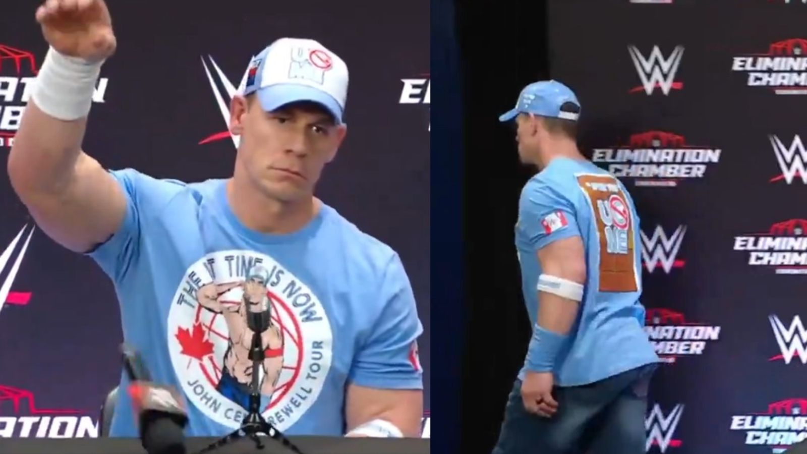Watch: John Cena 'Mic drops' and walks out of Elimination Chamber press conference inside 15 seconds after shockingly turning heel  Watch: John Cena 'Mic drops' and walks out of Elimination Chamber press conference inside 15 seconds after shockingly turning heel