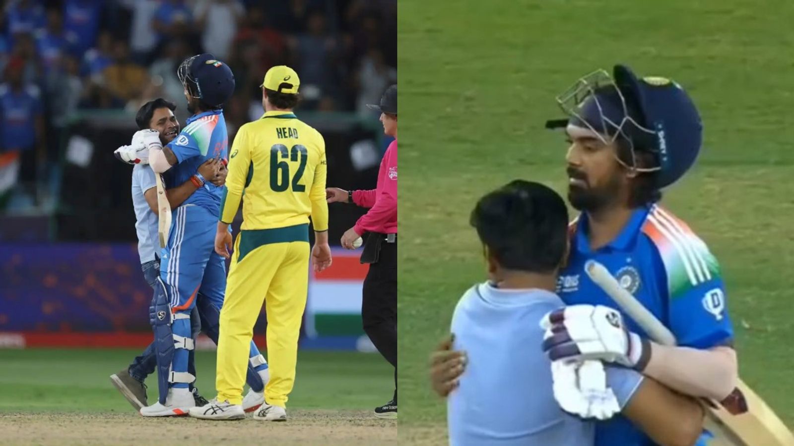 Fan breaches security and enter ground to hug KL Rahul after star batter hits match-winning six in semi-final against Australia Fan breaches security and enter ground to hug KL Rahul after star batter hits match-winning six in semi-final against Australia