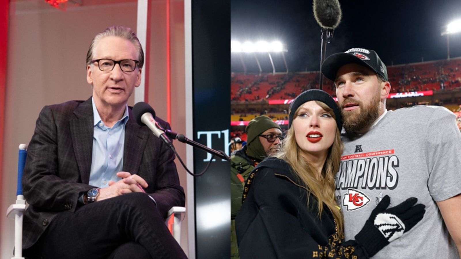 Taylor Swift and Travis Kelce’s Relationship Surpasses a Year, Leaving Bill Maher Amused Bill Maher, Taylor Swift and Travis Kelce in the frame
