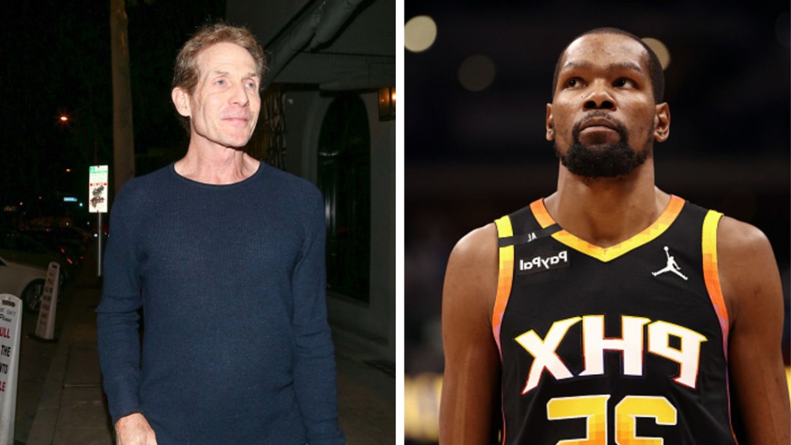 'We’re both washed': Kevin Durant Gives Befitting Reply to Skip Bayless Over 'Semi-Retired' Comment Skip Bayless and Kevin Durant in the frame.