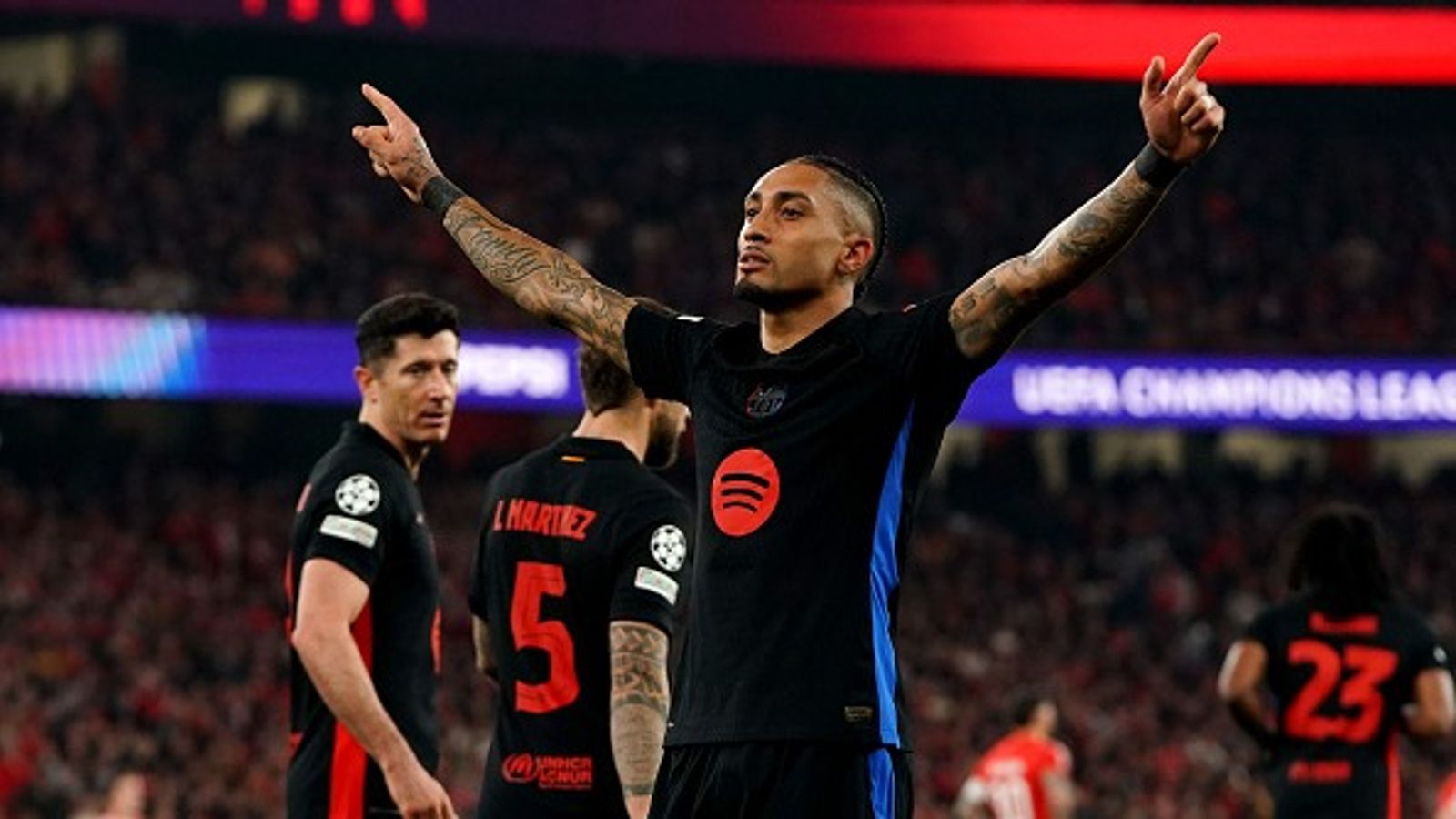 Barcelona vs Benfica Live Streaming: How to Watch the Champions League Game in India, USA, UK, Saudi Arabia, and Australia? FC Barcelona players celebrate after scoring a goal in UCL.