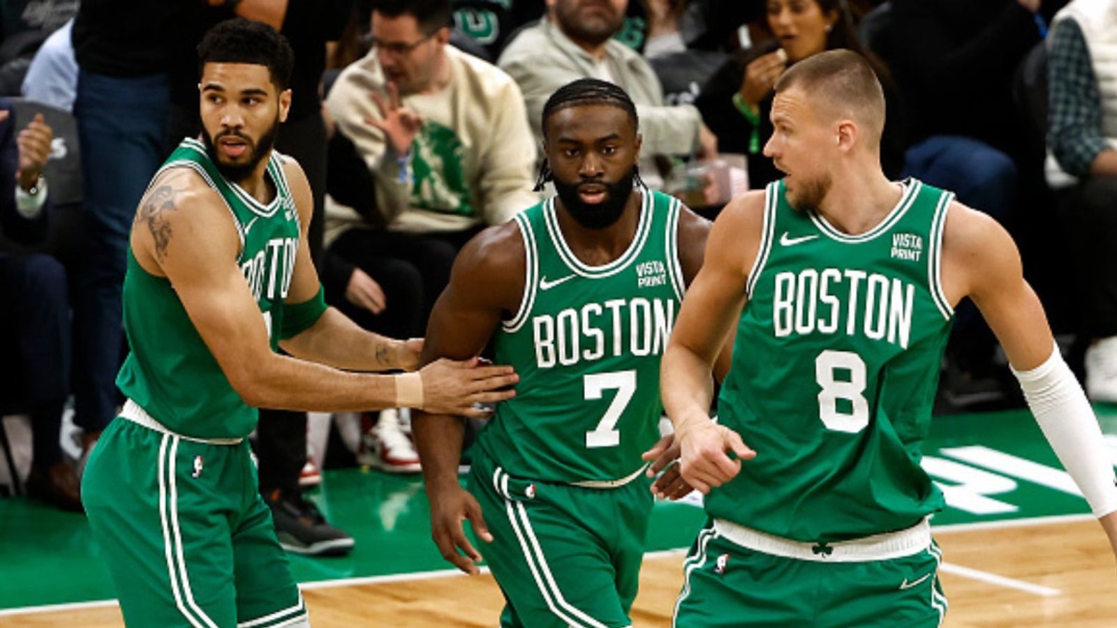 Boston Celtics Injury Update: Will Kristaps Porzingis and Jaylen Brown start against Miami Heat? Jayson Tatum, Jaylen Brown and Kristaps Porzingis in the frame