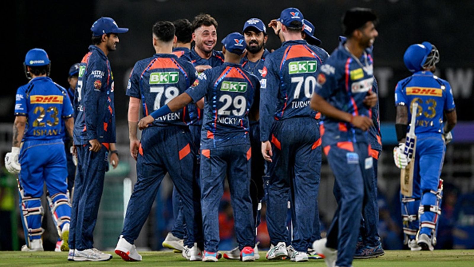 Major update on LSG's Rs 24.75 crore worth pace trio's fitness a week ahead of IPL 2025 opener Lucknow Super Giants' Marcus Stoinis (5L) with wicketkeeper and captain KL Rahul (4R) celebrates with teammates after taking the wicket of Mumbai Indians' Suryakumar Yadav (R) during the Indian Premier League (IPL) 2024