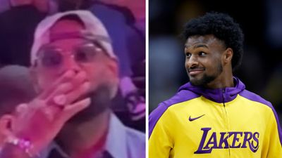 Who Was the Mystery Woman LeBron James Blew Kiss to in the Presence of Son Bronny James During the Lakers Timeout? LeBron James and Bronny James in the frame.