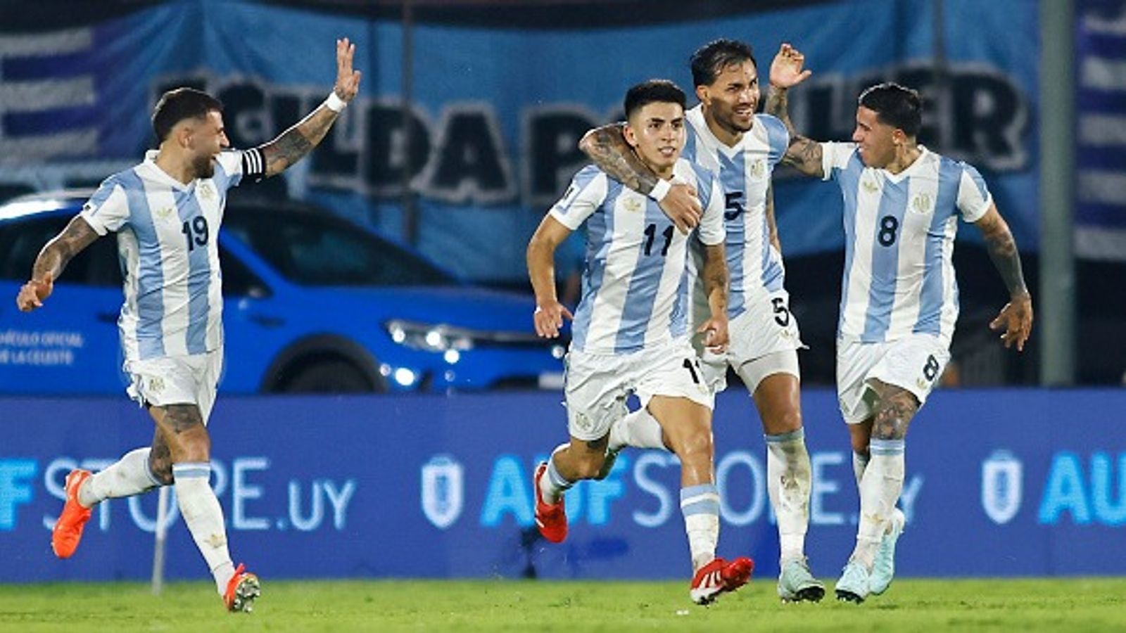 Argentina vs Brazil Live Streaming: How to Watch the FIFA World Cup 2026 Qualifiers Match in India, USA, UK, and Australia? 1: Thiago Almada of Argentina celebrates with teammates after scoring the team's first goal during the South of American FIFA World Cup 2026 Qualifier match