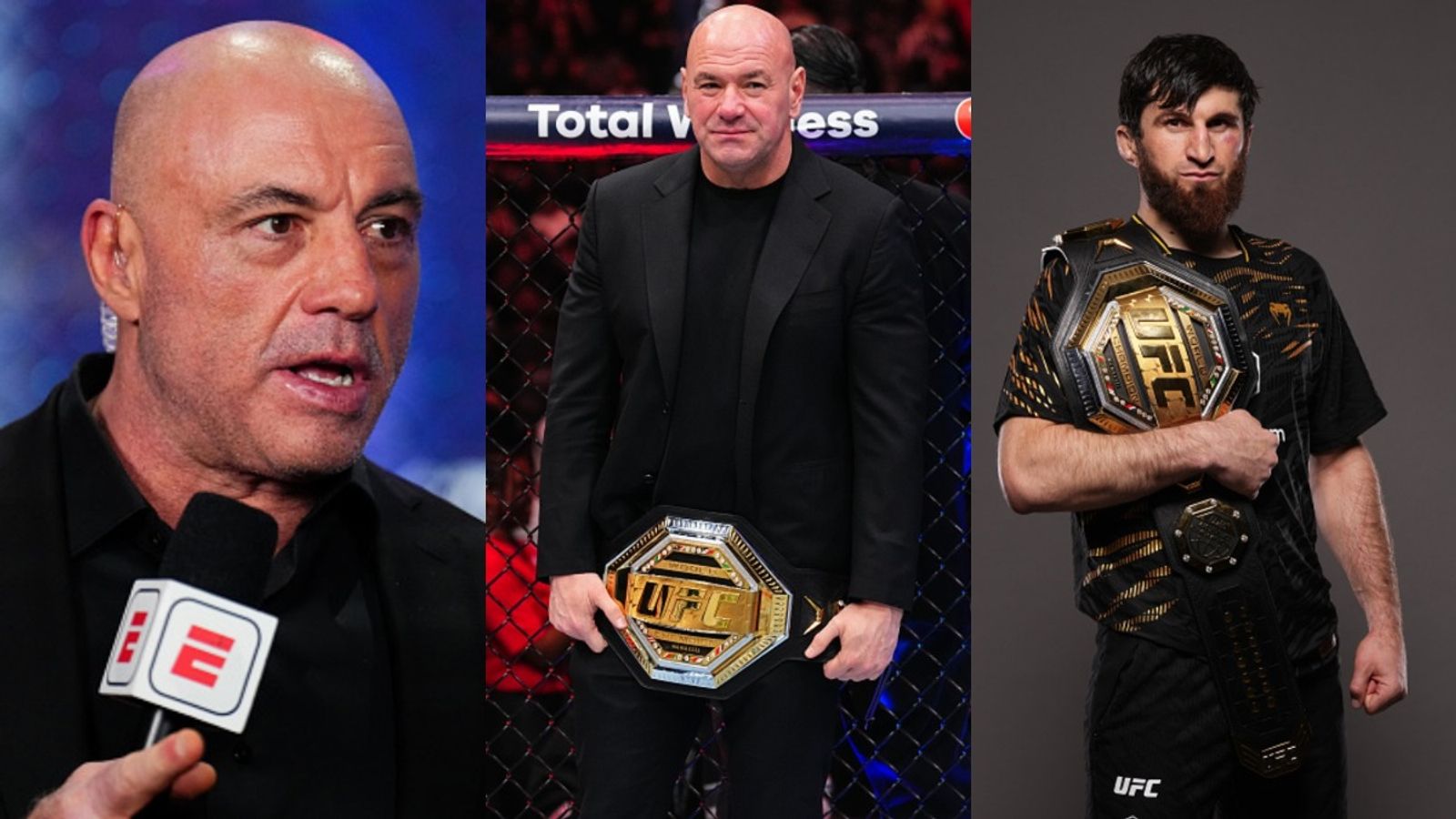 Joe Rogan reveals how he once warned Dana White about UFC’s treatment of Magomed Ankalaev Joe Rogan, Dana White and Magomed Ankalaev in the frame (via Getty)