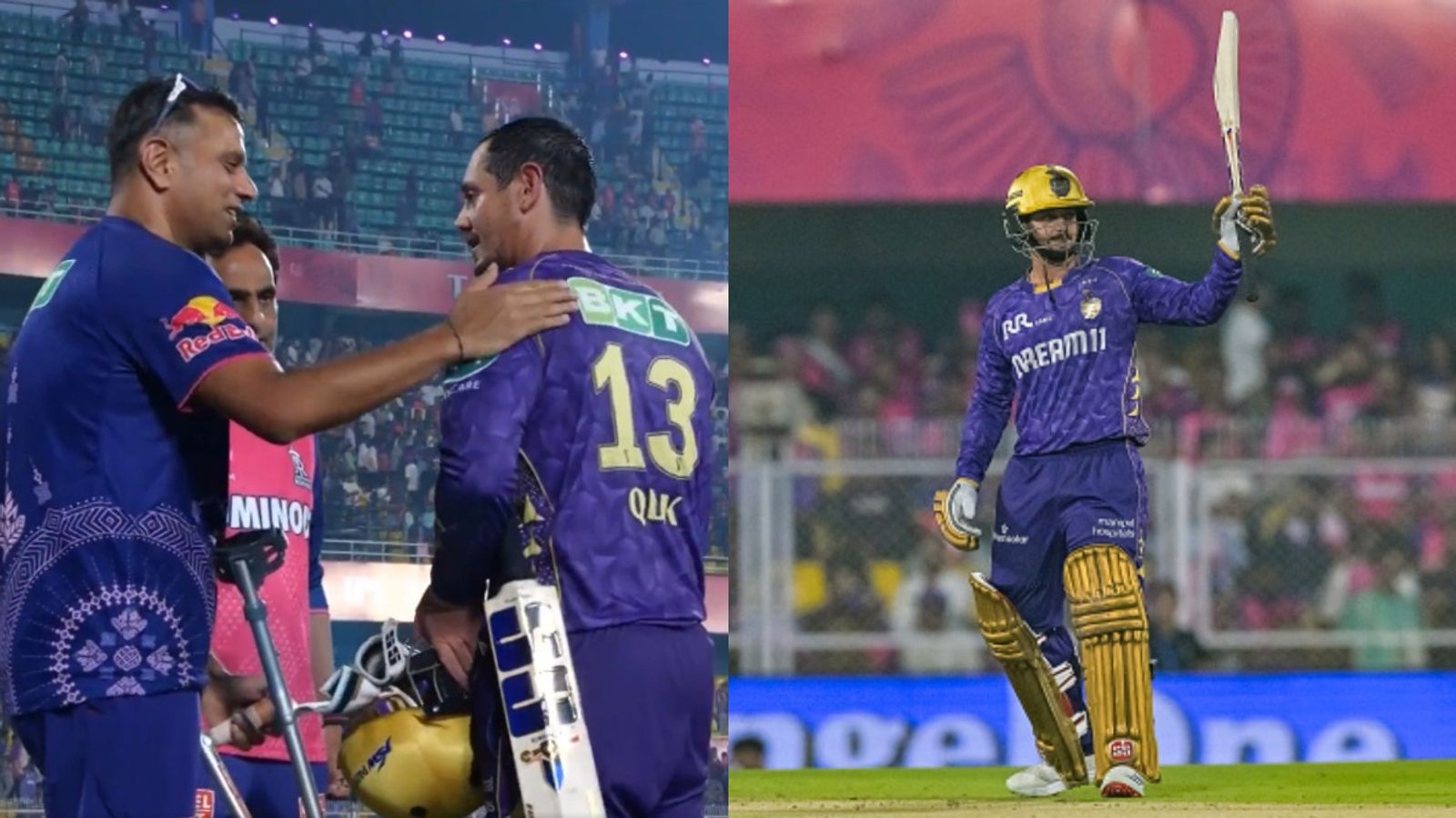 WATCH: Rahul Dravid walks with crutches to greet KKR's Quinton De Kock for his fiery knock against RR in match 6 of IPL 2025 Quinton de Kock and Rahul Dravid