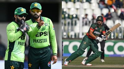 BCB makes big change in Bangladesh tour of Pakistan fixtures, scraps one of the white-ball series against against Men in Green L-R: Pakistan's Mohammad Rizwan, Babar Azam and Bangladesh's Najmul Hossain Shanto in frame