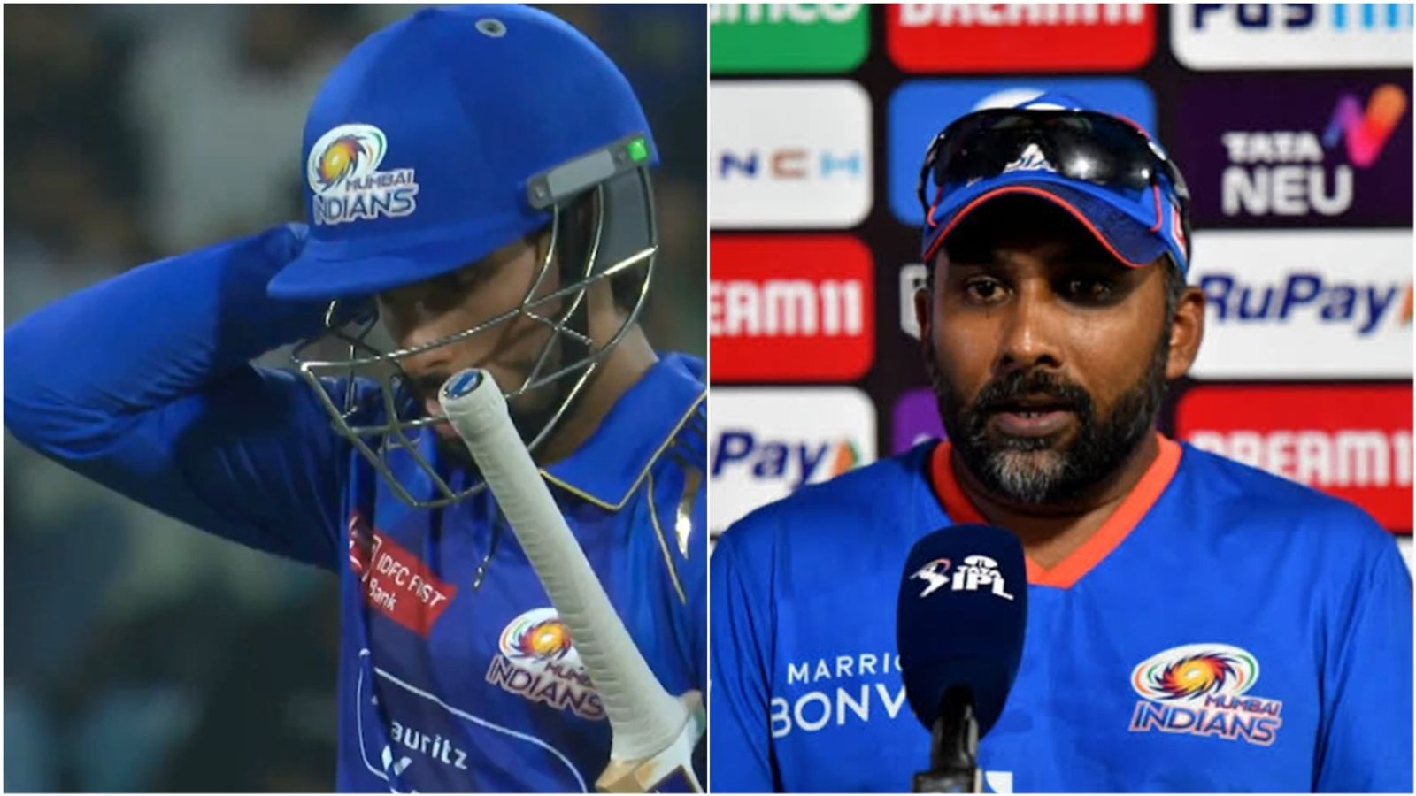 'I waited till the last few overs hoping': MI head coach on retiring out Tilak Varma Tilak Varma reacts after getting retired out; Mahela Jayawardene in a press conference.