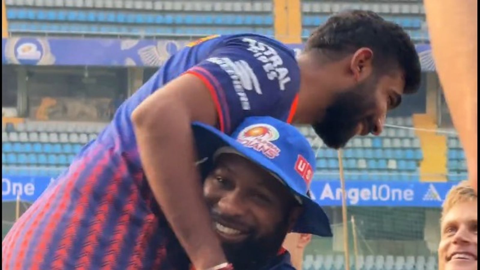 Kieron Pollard lifts Jasprit Bumrah in arms as star pacer finally joins MI camp ahead of RCB clash Pollard was elated to see Bumrah (Courtesy: Mumbai Indians video screengrab)