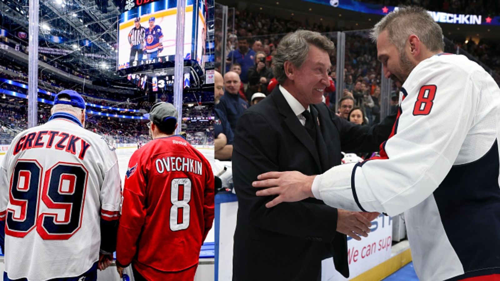 'I’ll Be the First to Shake Your Hand': Gretzky Keeps His Promise as Ovechkin Becomes NHL’s All-Time Goal Scorer Alex Ovechkin and Wayne Gretzky in the frame