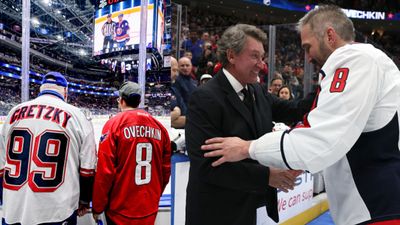 'I’ll Be the First to Shake Your Hand': Gretzky Keeps His Promise as Ovechkin Becomes NHL’s All-Time Goal Scorer Alex Ovechkin and Wayne Gretzky in the frame