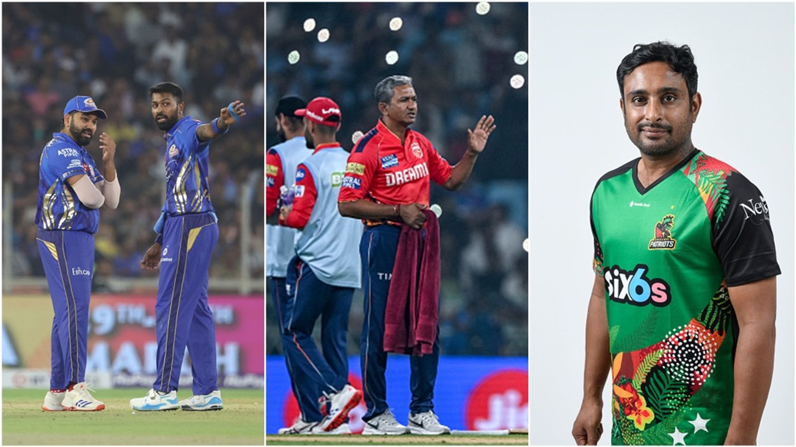 'You never led an IPL team': Bangar's strong reply to Rayudu saying Pandya doesn't need Rohit 'in his ears' Rohit Sharma, Hardik Pandya talking during an IPL 2025 match; Ex-PBKS coach Sanjay Bangar, Ambati Rayudu posing for CPL side.
