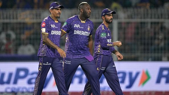 KKR's Sunil Narine (L), Andre Russell (C) and Ajinkya Rahane in frame