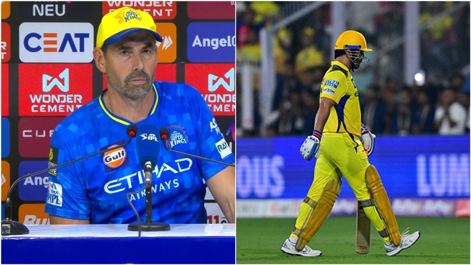 'MS Dhoni's not a soothsayer, he hasn't got a magic wand': CSK coach Stephen Fleming responds to harsh criticism amid horrid IPL season CSK head coach Stephen Fleming speaks at a press conference; MS Dhoni walks back to the dugout after losing his wicket.
